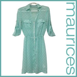 MAURICES Teal Polka Dot Shirtdress: 3/4 Sleeve, Sheer, Flattering, Small